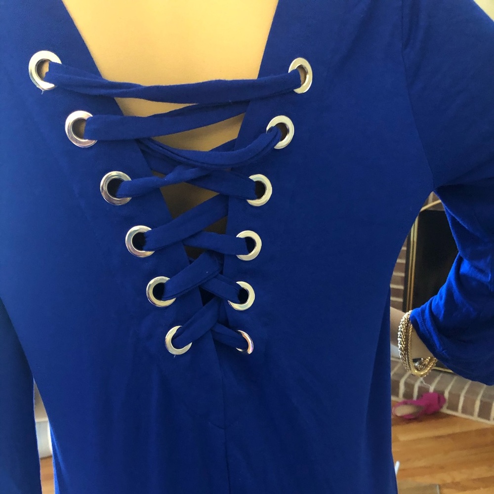Blue tunic with crisscrossed open back